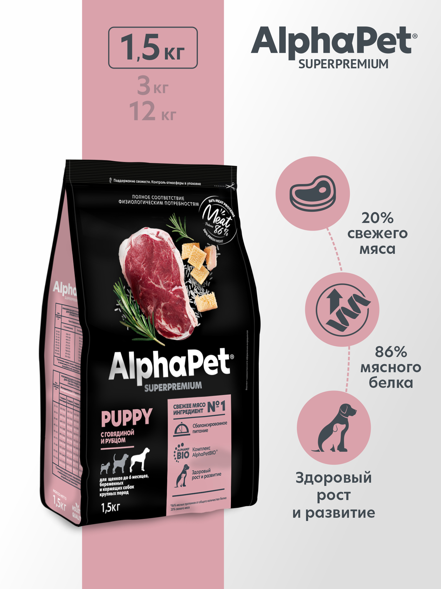 Сухой полнорационный корм холистик AlphaPet с говядиной и рубцом для щенков до 6 месяцев и собак крупных пород 1,5 кг - фото 1
