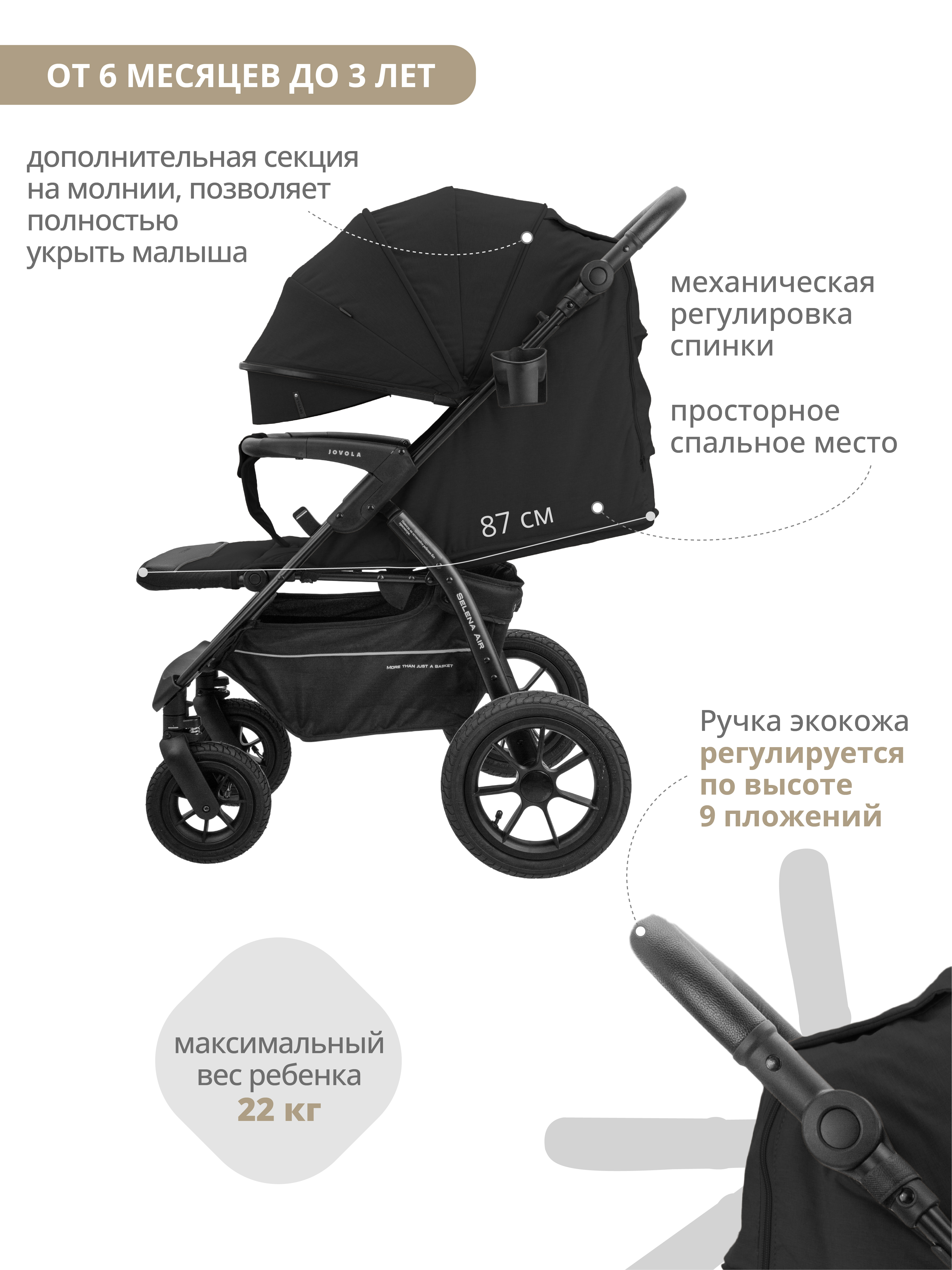Коляска прогулочная JOVOLA SELENA AIR с сумкой черный - фото 6