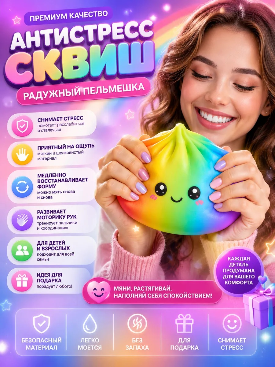 Игрушка-антистресс ТОТОША сквиш Хинкали Пельмень радужный - фото 2