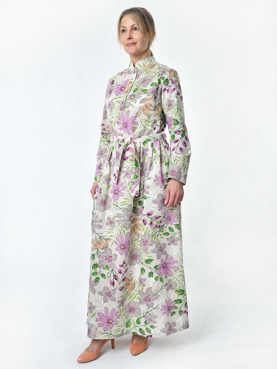 Платье Льняная Горница пл025-02/бежевый-сиреневый-зеленый - фото 5