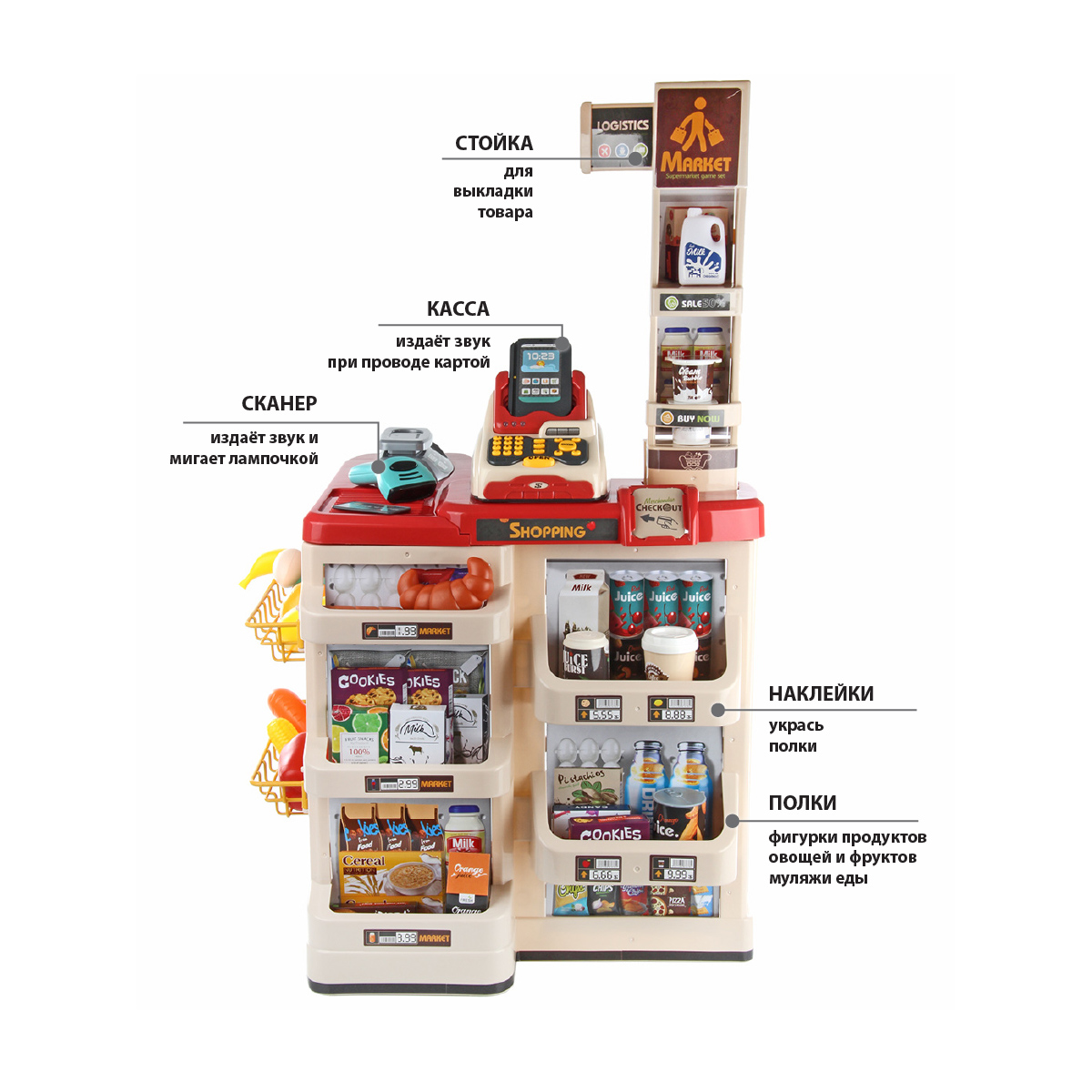 Игровой набор Veld Co тележки и корзинки, прилавок, касса, продукты - фото 2