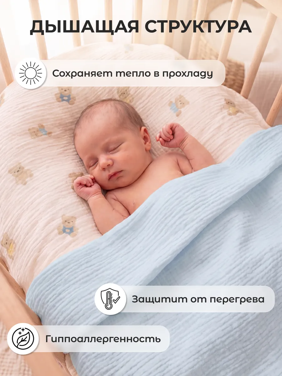 Пелёнка Mamagoods голубые мишки муслин 100х100 см 2 шт. - фото 4
