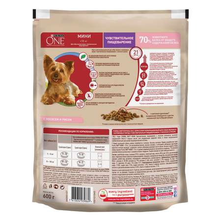Корм для собак Purina One Mini чувствительное пищеварение лосось-рис 600г