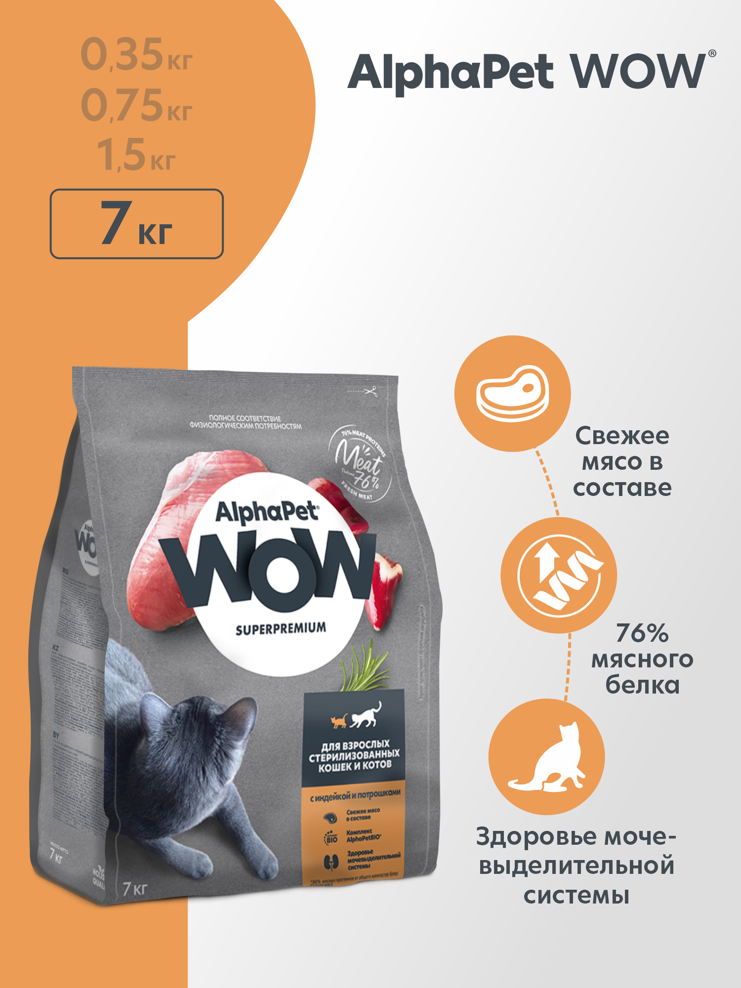 Сухой полнорационный корм холистик AlphaPet с индейкой и потрошками для взрослых стерилизованных кошек и котов 7 кг - фото 1