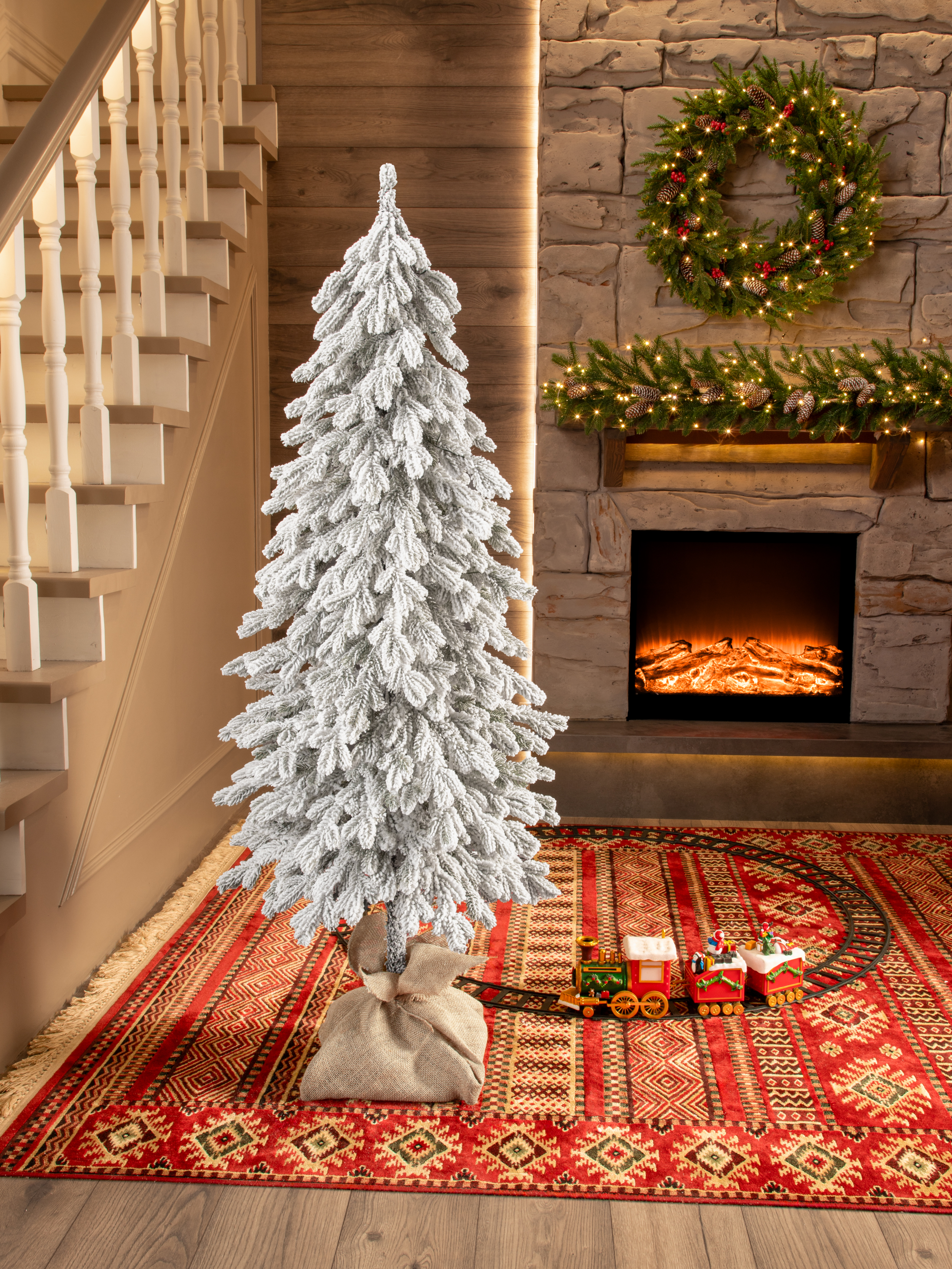 Ель Белоснежка Поезд Ёлок литая заснеженная с гирляндой на высокой ножке 150см. - фото 5