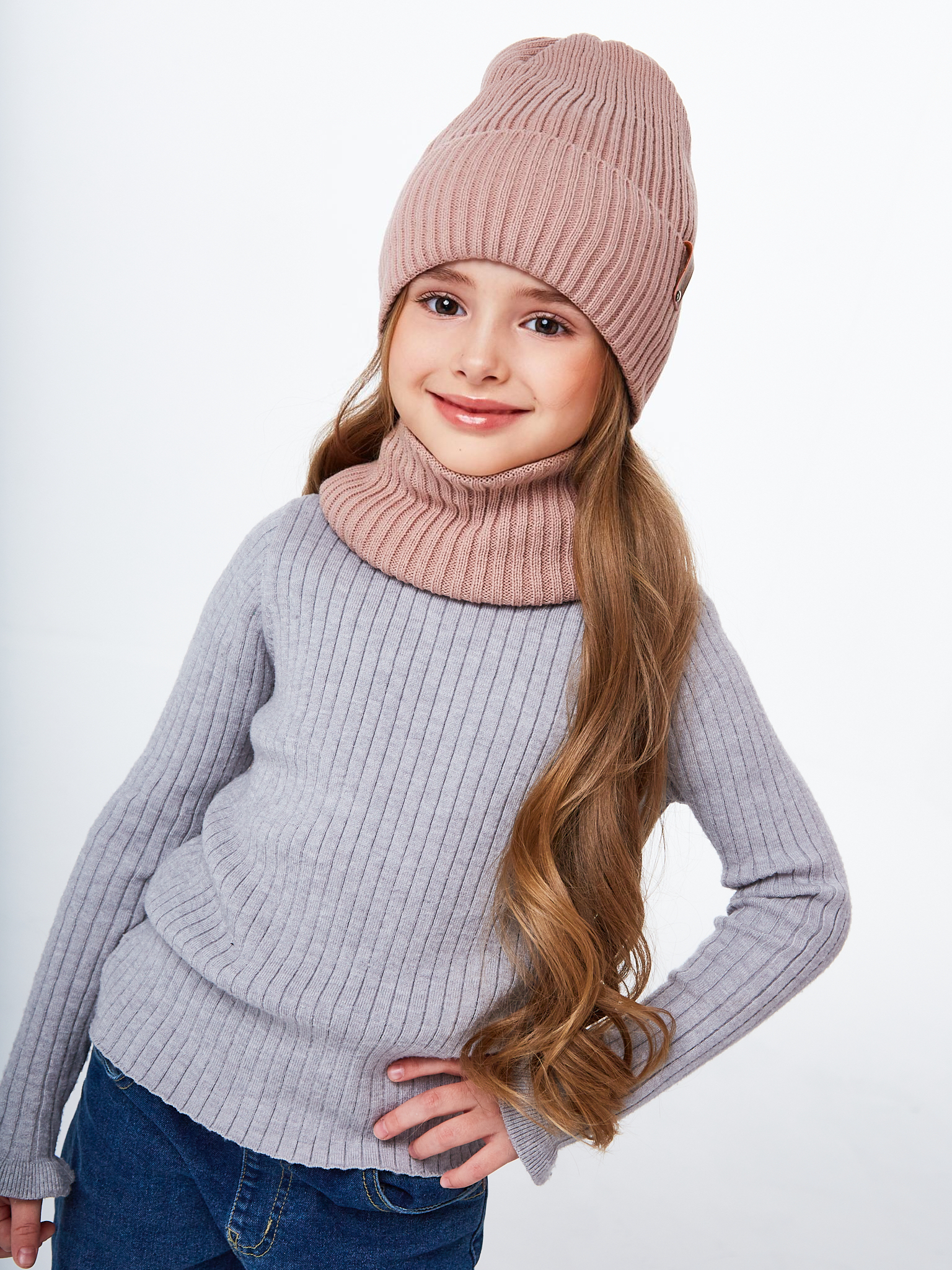Шапка и снуд NYCkids NYC-H-104-GplainW-coffee - фото 11
