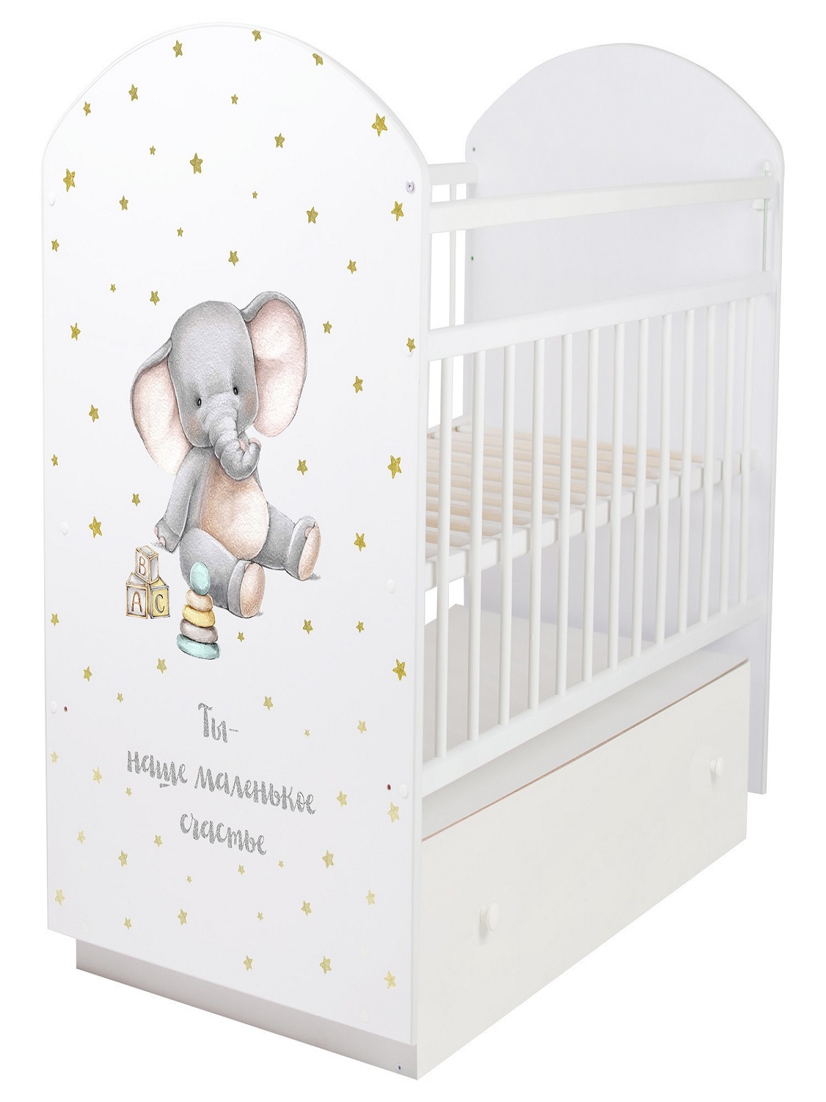 Детская кроватка Ingo My Sleepy MS-04 маятник-ящик белый Слоник, поперечный маятник - фото 1