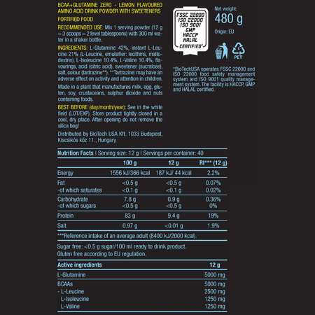 БЦАА BiotechUSA BCAA+Glutamine Zero 480 г. Лимон