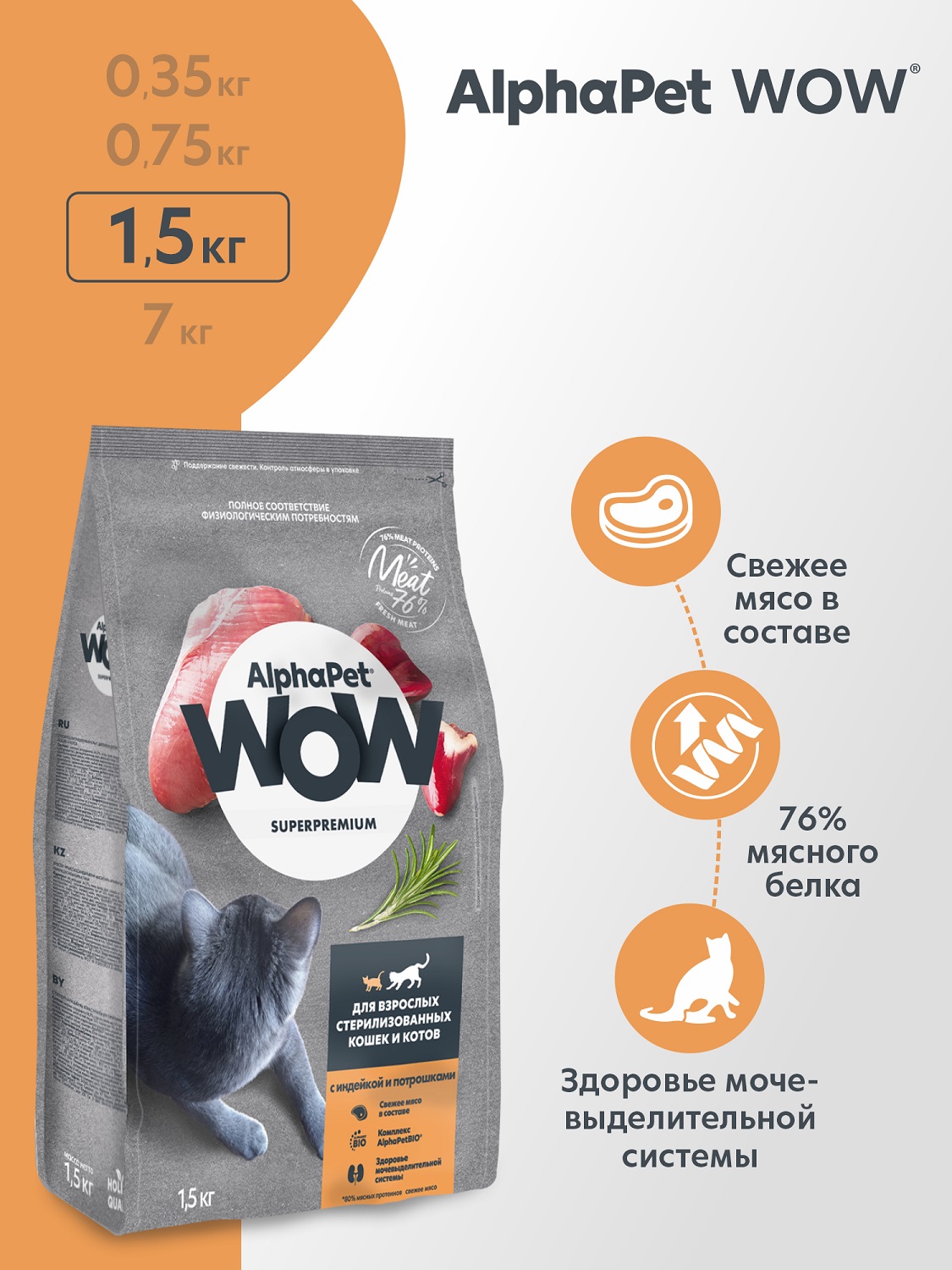 Корм для кошек AlphaPet WOW superpremium взрослых стерилизованных индейка-потрошки 1.5кг - фото 1