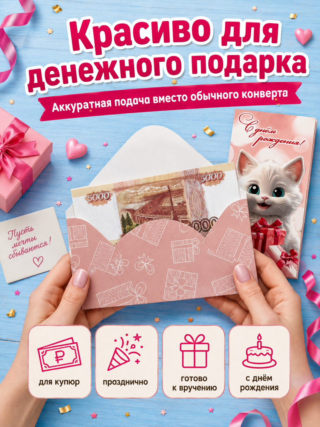 Конверты для денег детские Филькина Грамота С днём рождения, котёнок и подарки - фото 4