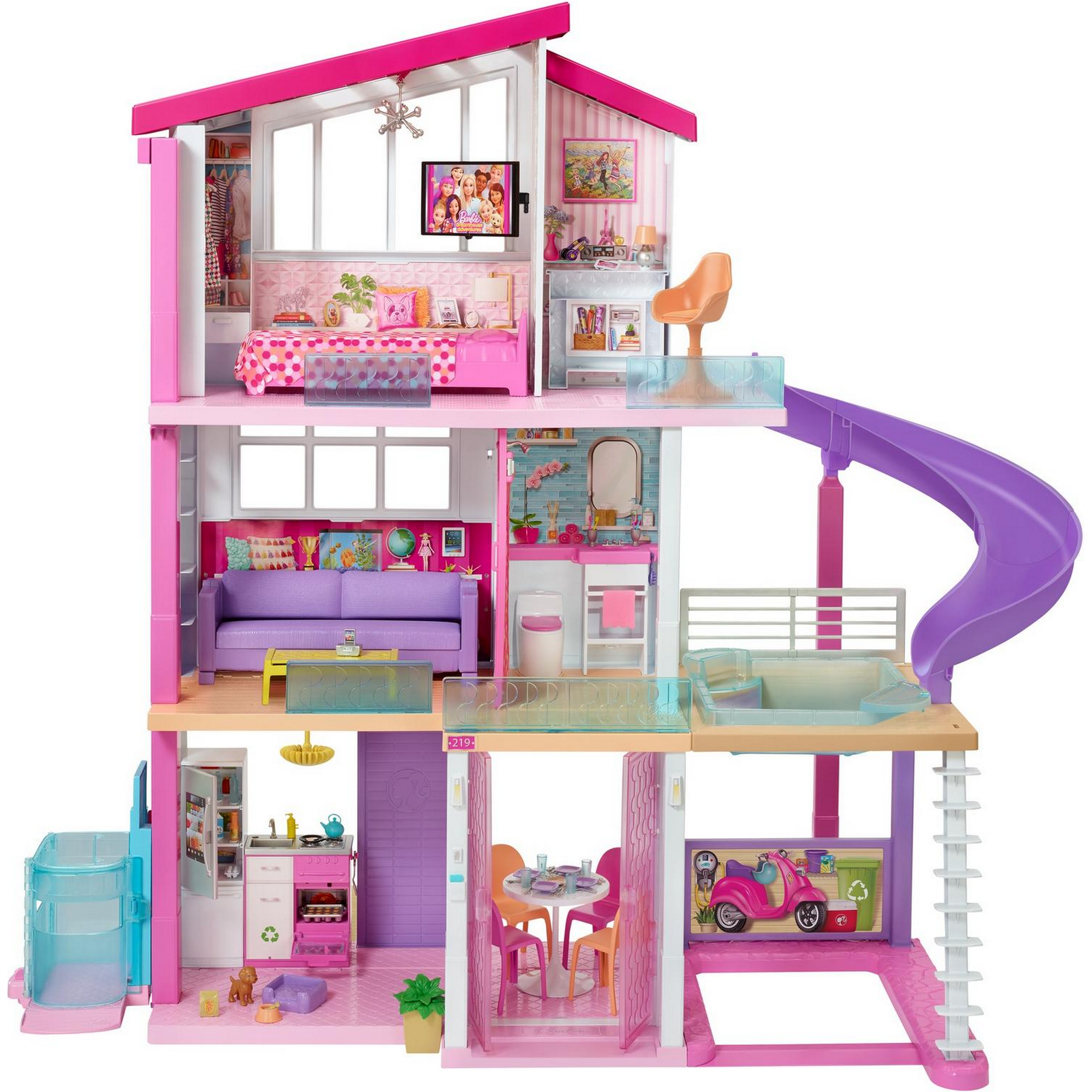 Изображение товара Домик для кукол Barbie с мебелью, 3 этажа, бассейн и лифт Изображение товара Домик для кукол Barbie с мебелью, 3 этажа, бассейн и лифт