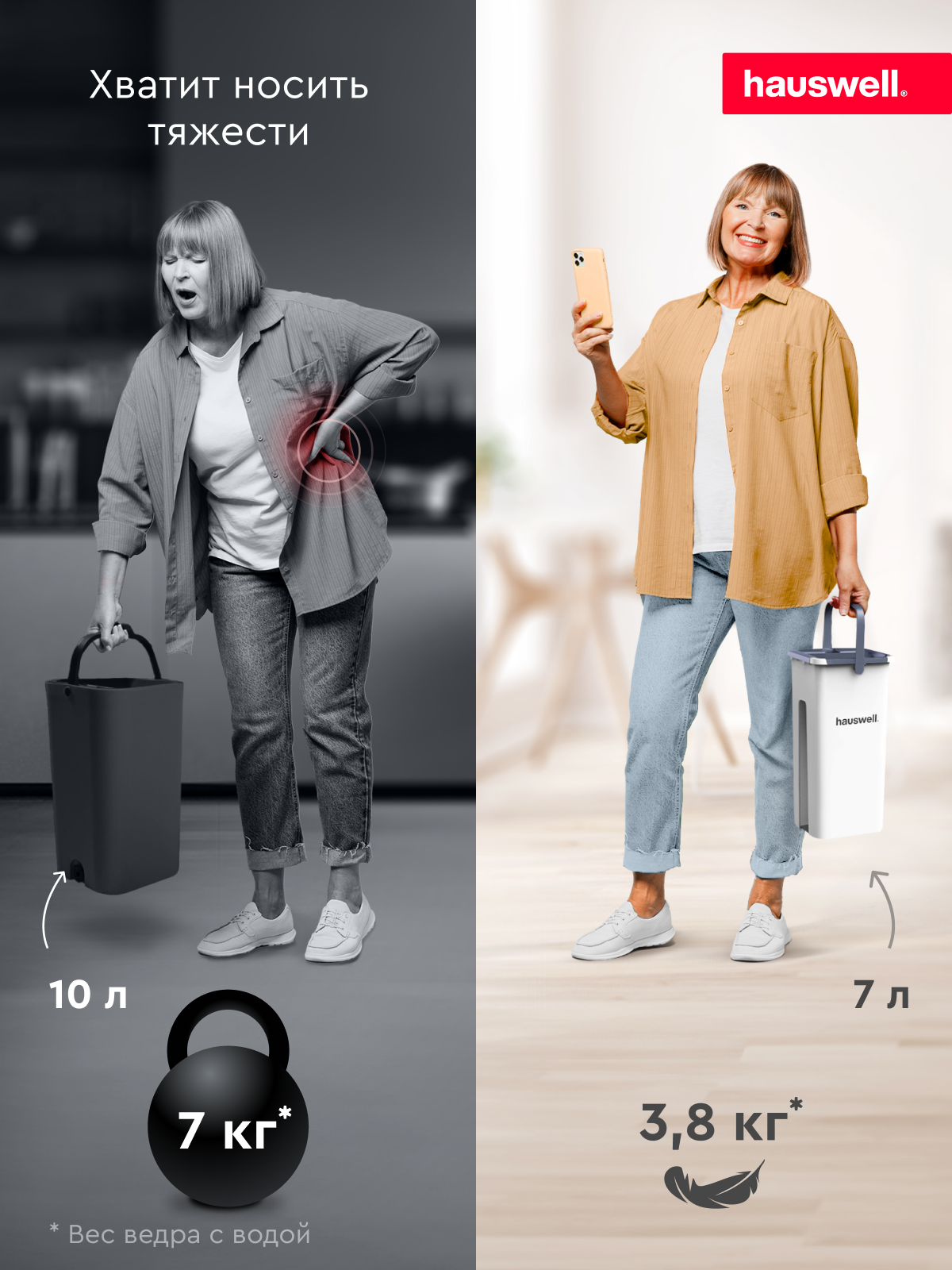 Швабра c отжимом и ведром Hauswell Smart mop 3 насадки - фото 9