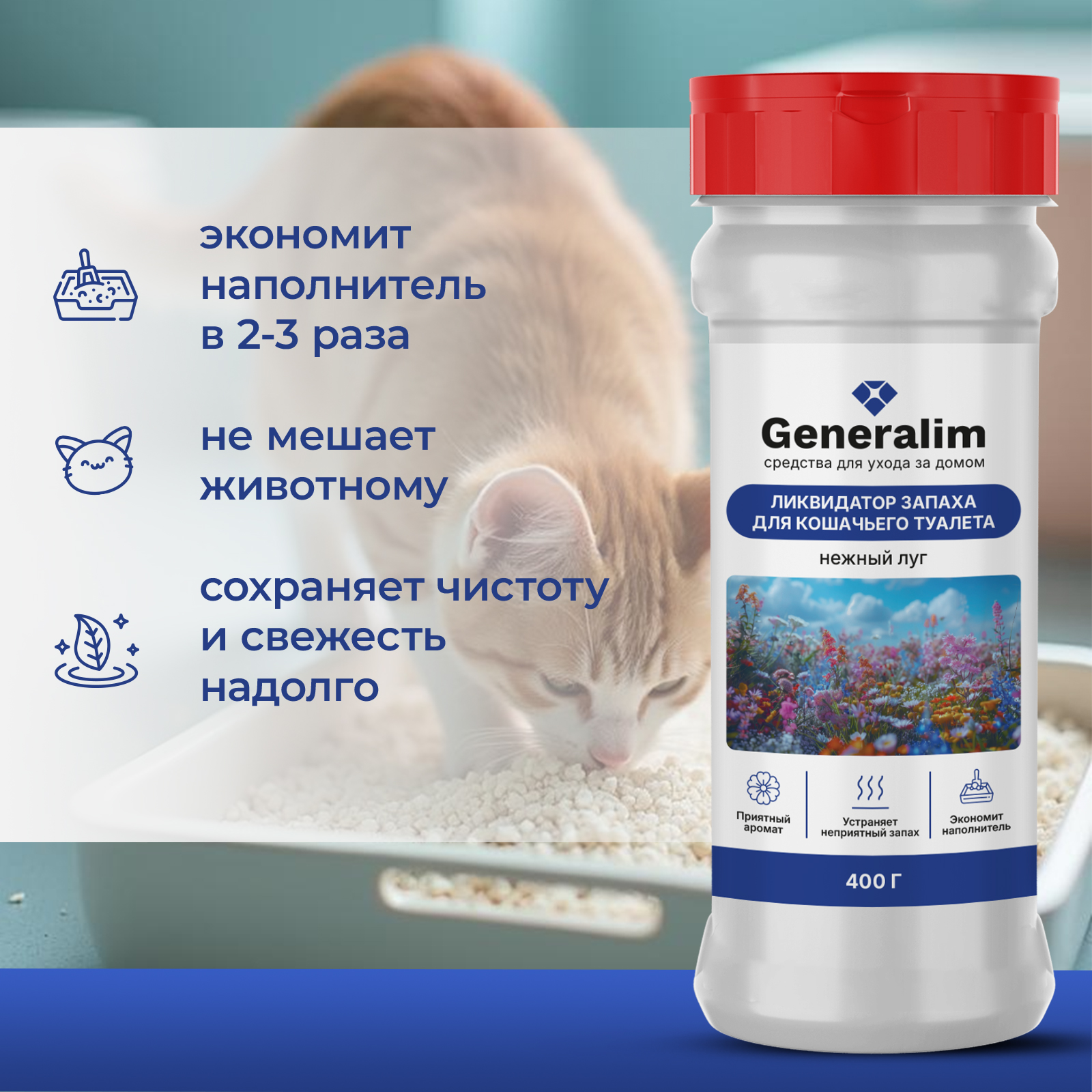 Ликвидатор запаха для кошачьего туалета Generalim "Нежный луг", 400 г - фото 5