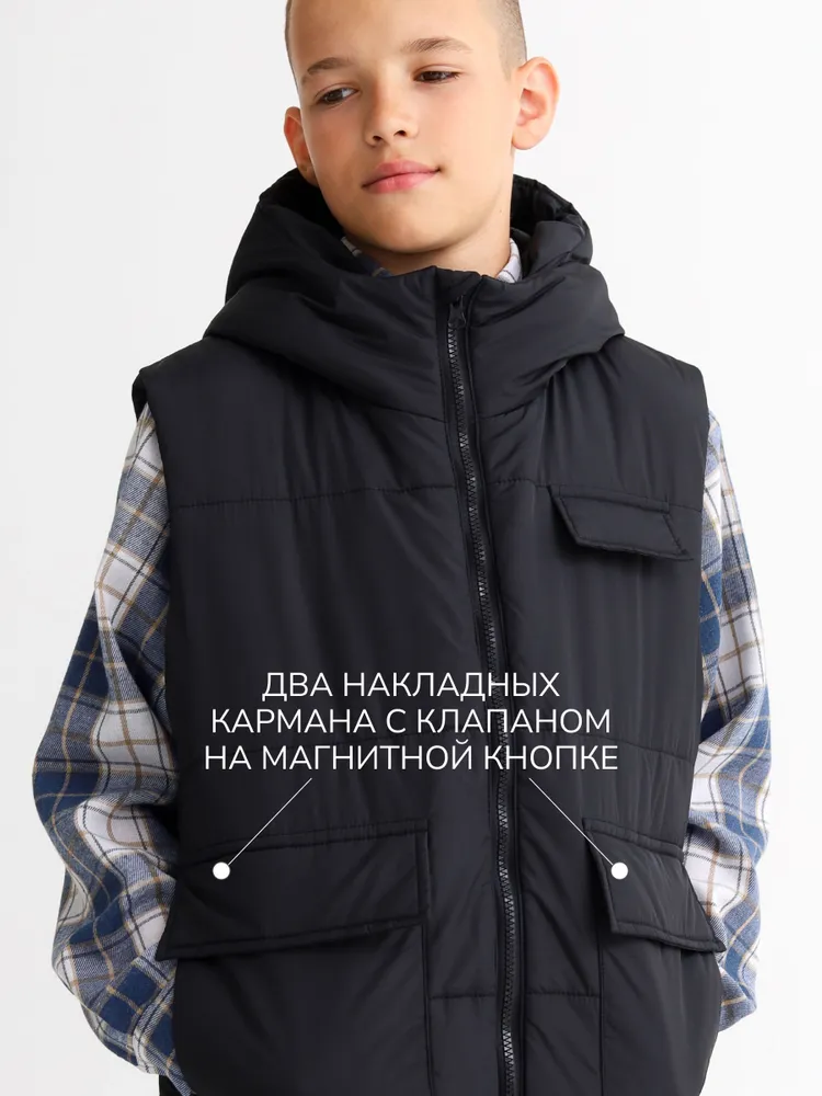 Жилет MINIDINO В-Ж-006Жилет с капюшоном утепленный черный - фото 5
