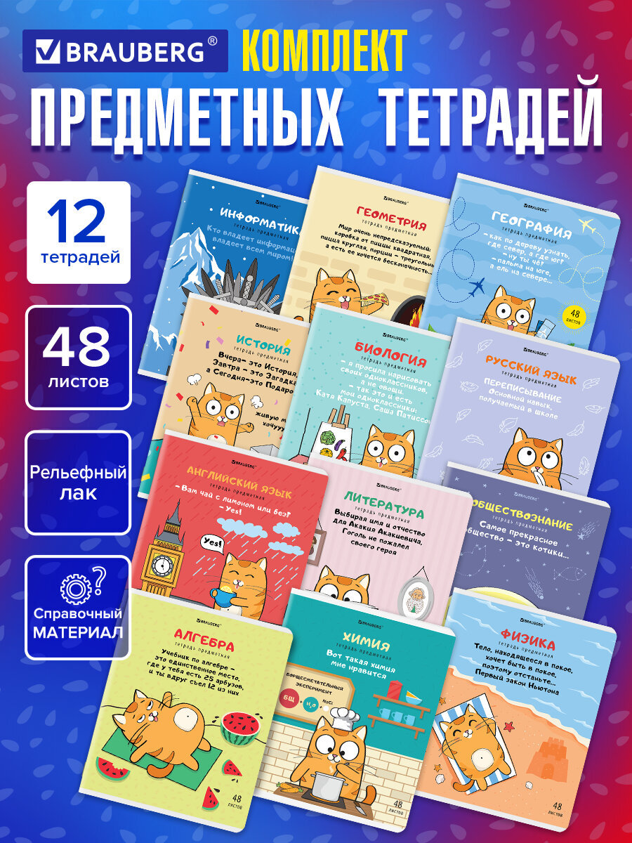 Изображение товара Комплект тетрадей Brauberg 48 листов 12 шт. Кот-Энтузиаст Изображение товара Комплект тетрадей Brauberg 48 листов 12 шт. Кот-Энтузиаст
