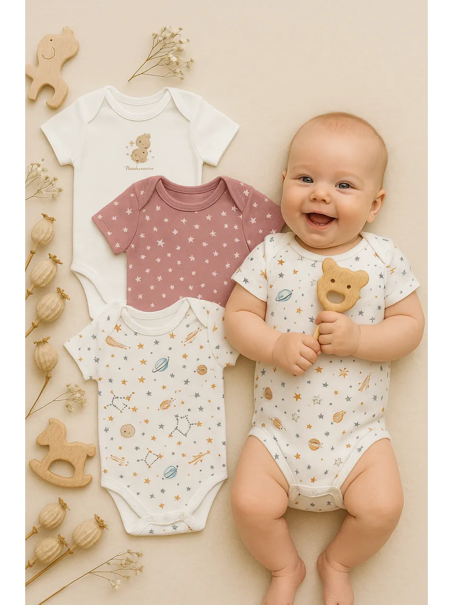 Боди 3 шт Mark Formelle (Марк Формэль) 13015-3/белый +космос на белом +звезды на кристальной розе - фото 1