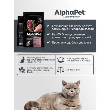 Корм для кошек AlphaPet superpremium sterilised взрослых стерилизованных утка-индейка 1.5кг