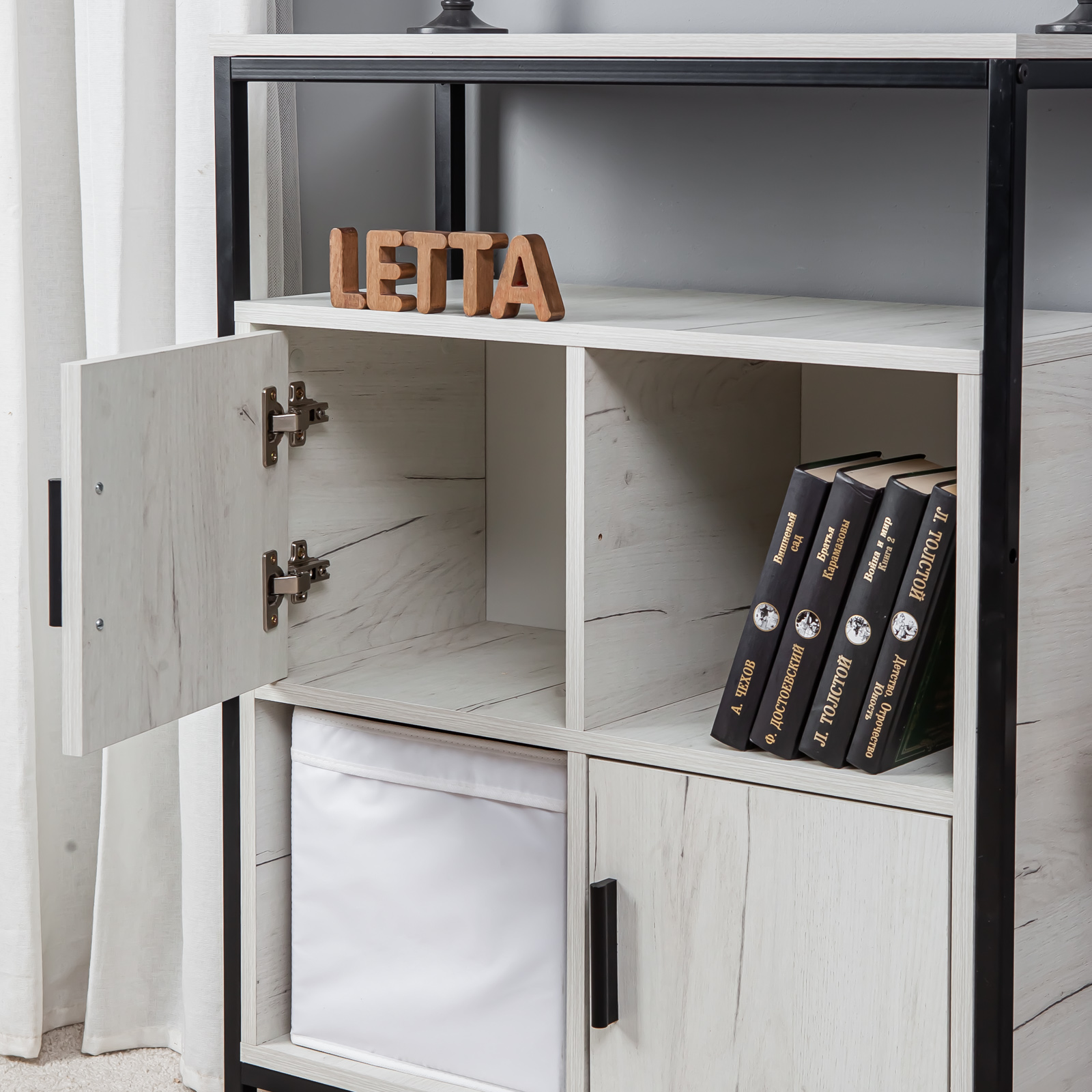 Комод стеллаж LETTA Frame Цвет Дуб Крафт Белый Черный металл 700х910х300 - фото 5