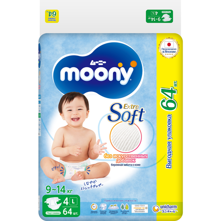 Подгузники Moony Extra Soft L (9-14 кг) 64 шт.