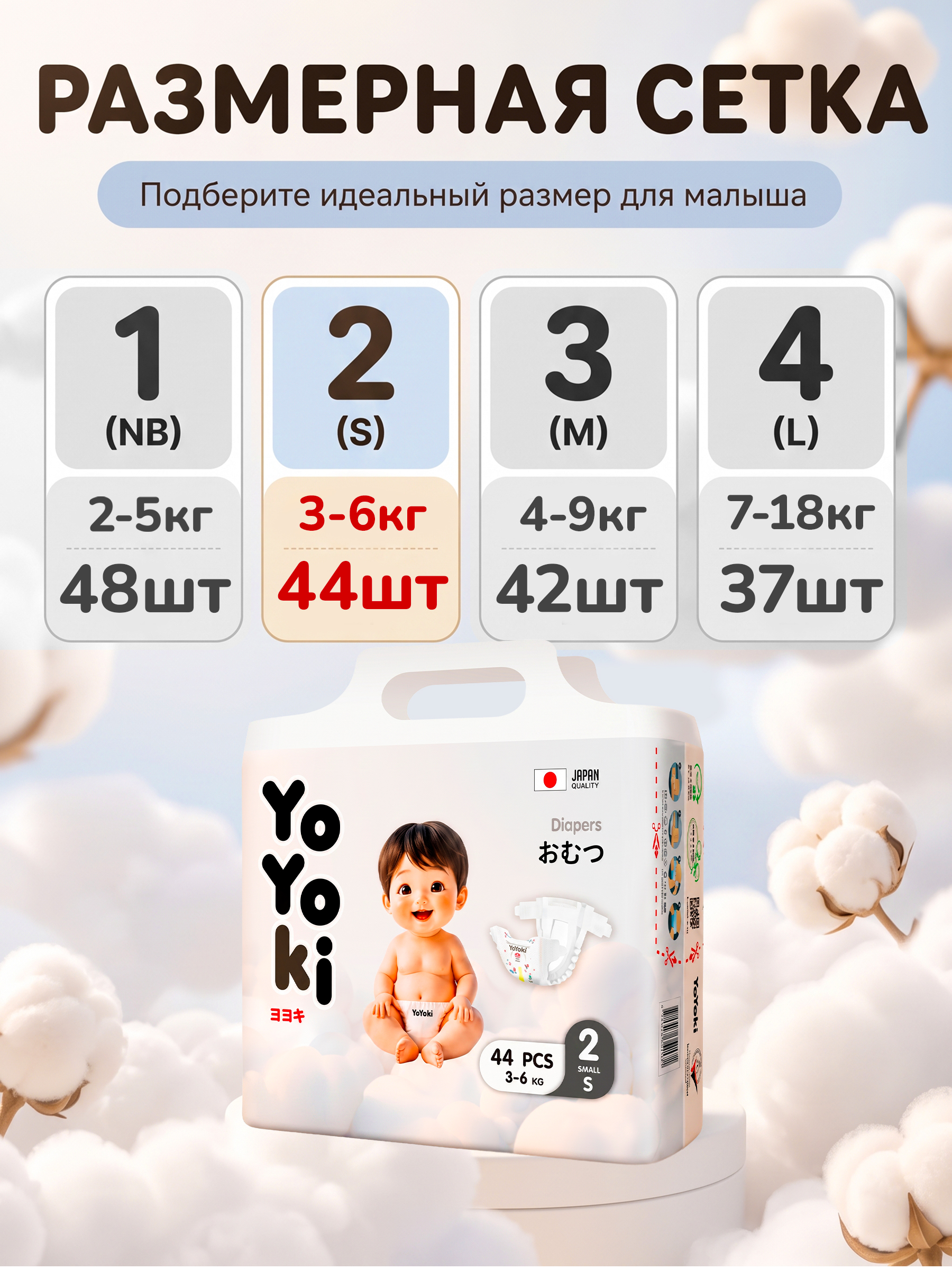 Подгузники Yoyoki 2 (3-6 кг.) 44 шт. - фото 6