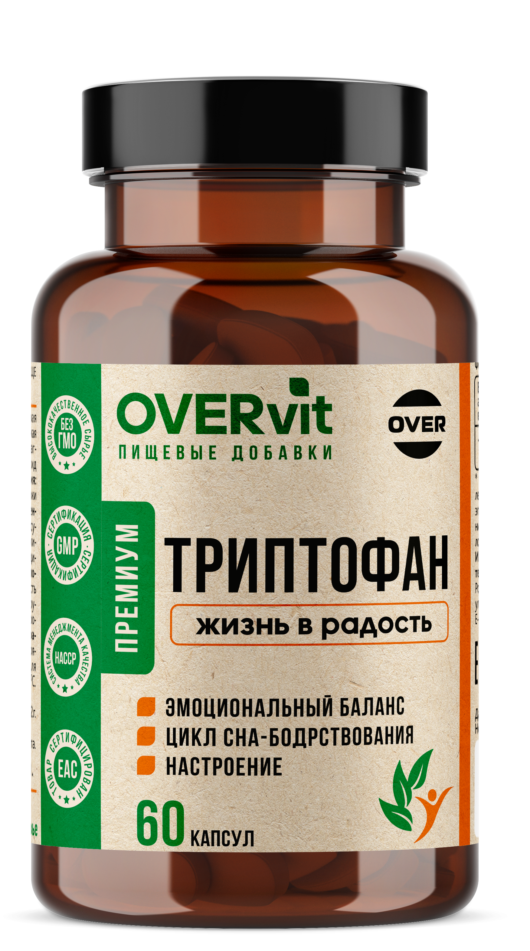 Триптофан 60 капсул OVER Бад для снижения тревоги и раздражительности для улучшения сна и для повышения настроения - фото 1