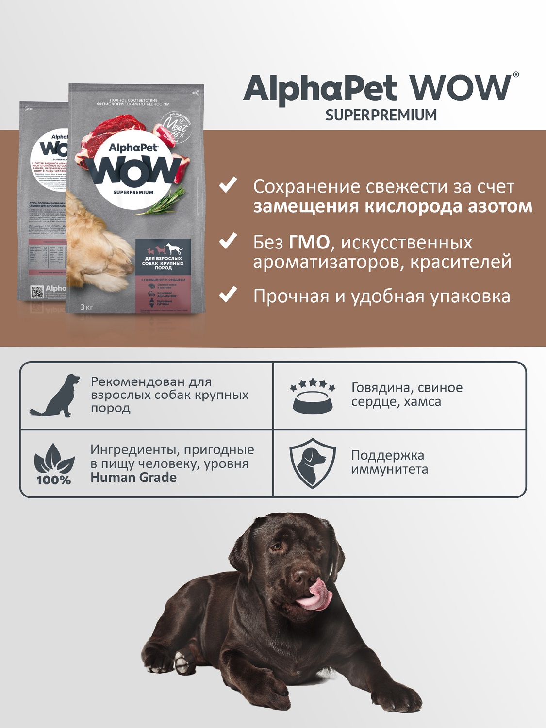 Корм для взрослых собак крупных пород AlphaPet Wow Superpremium сухой с говядиной и сердцем 3кг - фото 3