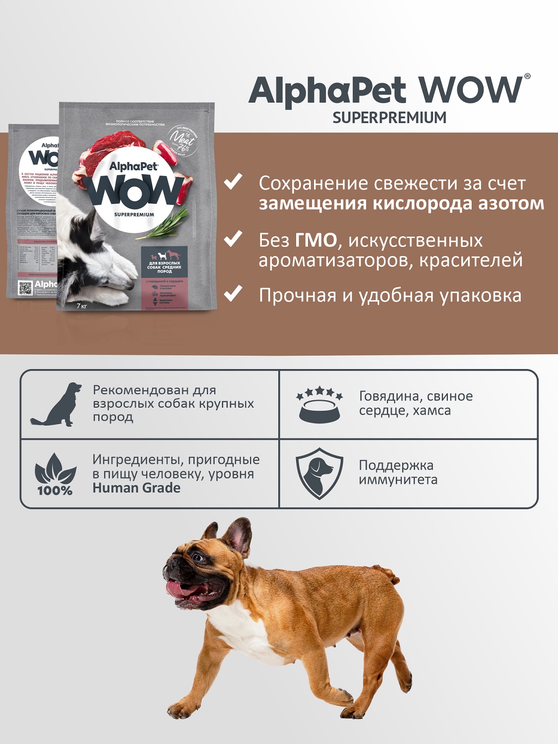Корм для взрослых собак средних пород AlphaPet Wow Superpremium сухой с говядиной и сердцем 7кг - фото 3