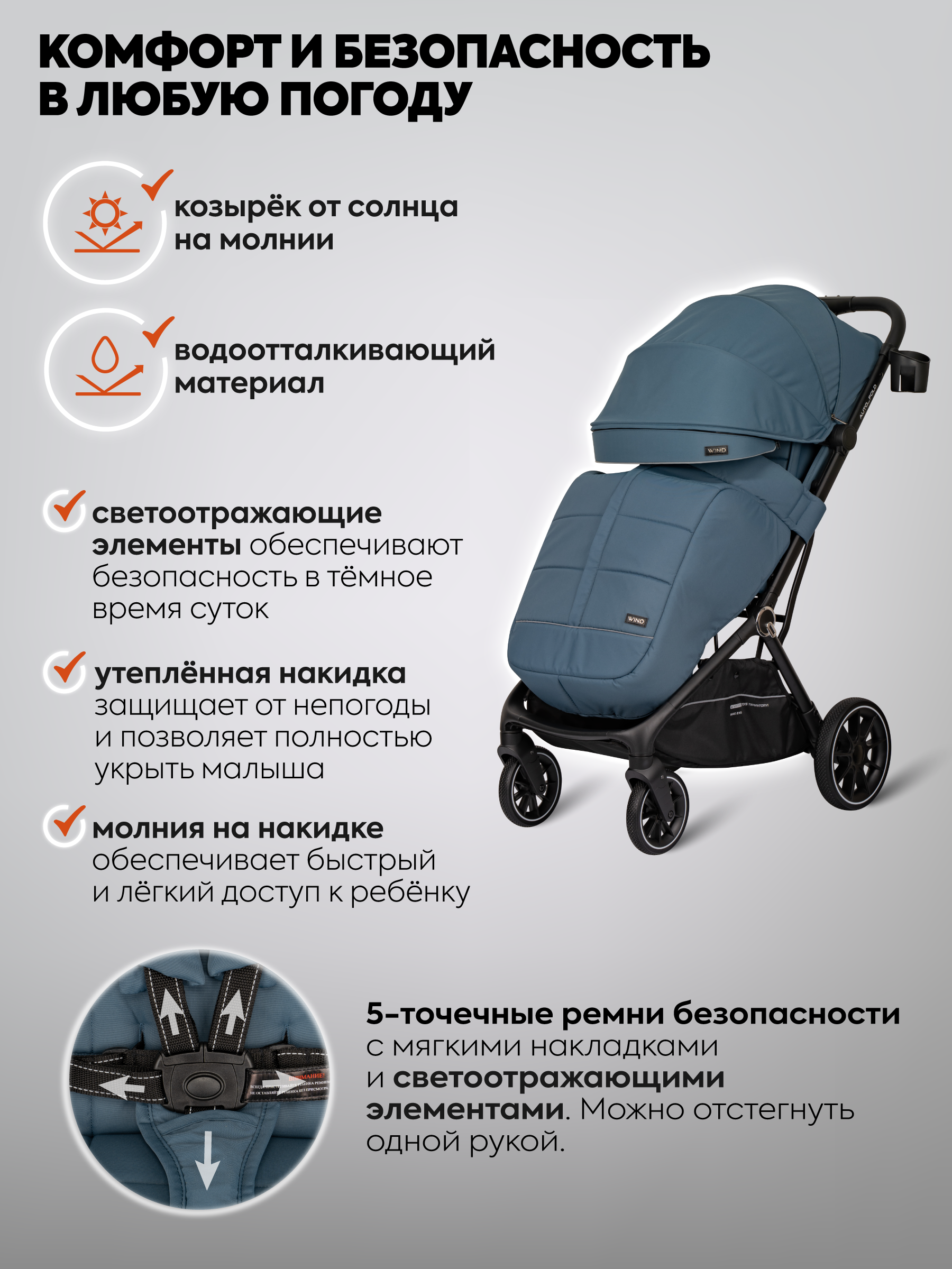 Коляска прогулочная Indigo Wind с автосложением, синий синий - фото 5