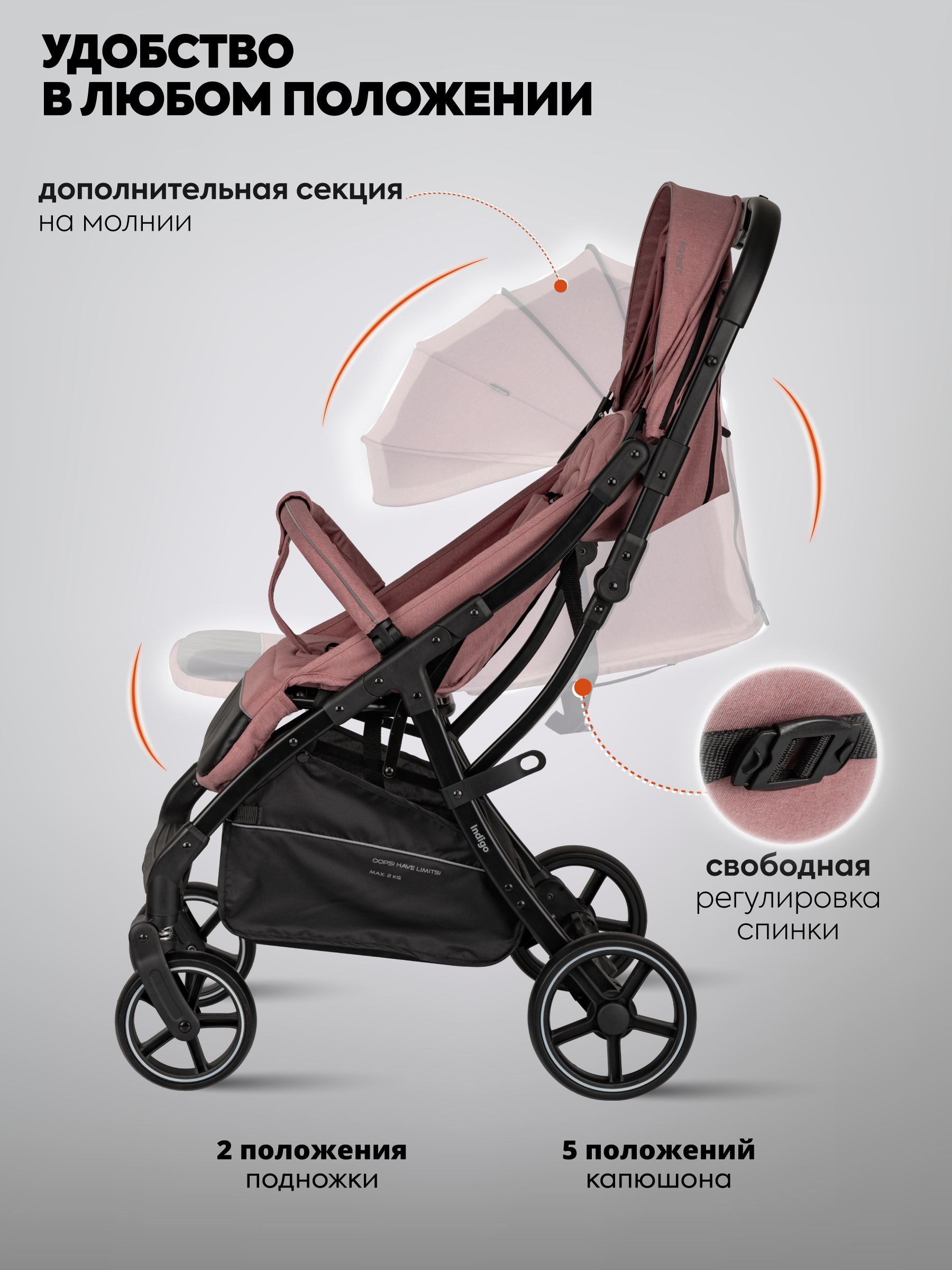 Коляска прогулочная Indigo Frost для путешествий розовый - фото 4
