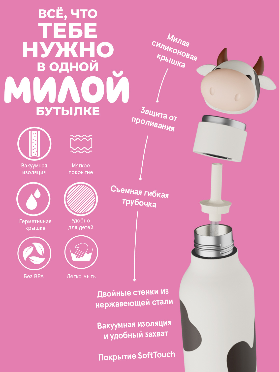 Термобутылка ASOBU Bestie Корова, 460 мл - фото 3