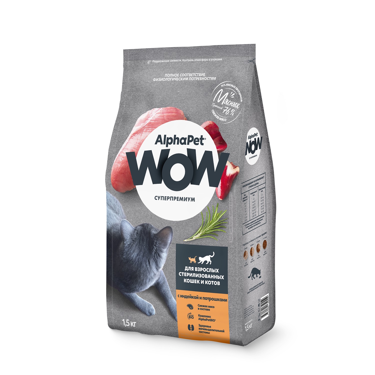 Корм для взрослых кошек и котов сухой AlphaPet Wow с индейкой и потрошками 1.5кг - фото 1