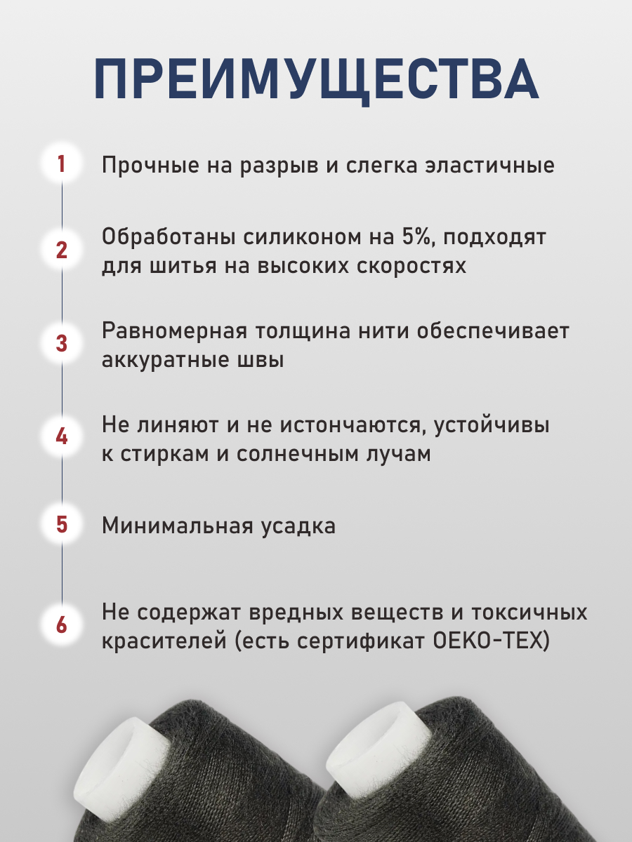 Нитки Bestex универсальные прочные для шитья рукоделия 40/2 400 ярд 10 шт 180 темный сажа - фото 3