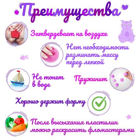 Пластилин Лиловые котики 36 штук со стеками воздушный 36 цв. в ассортименте