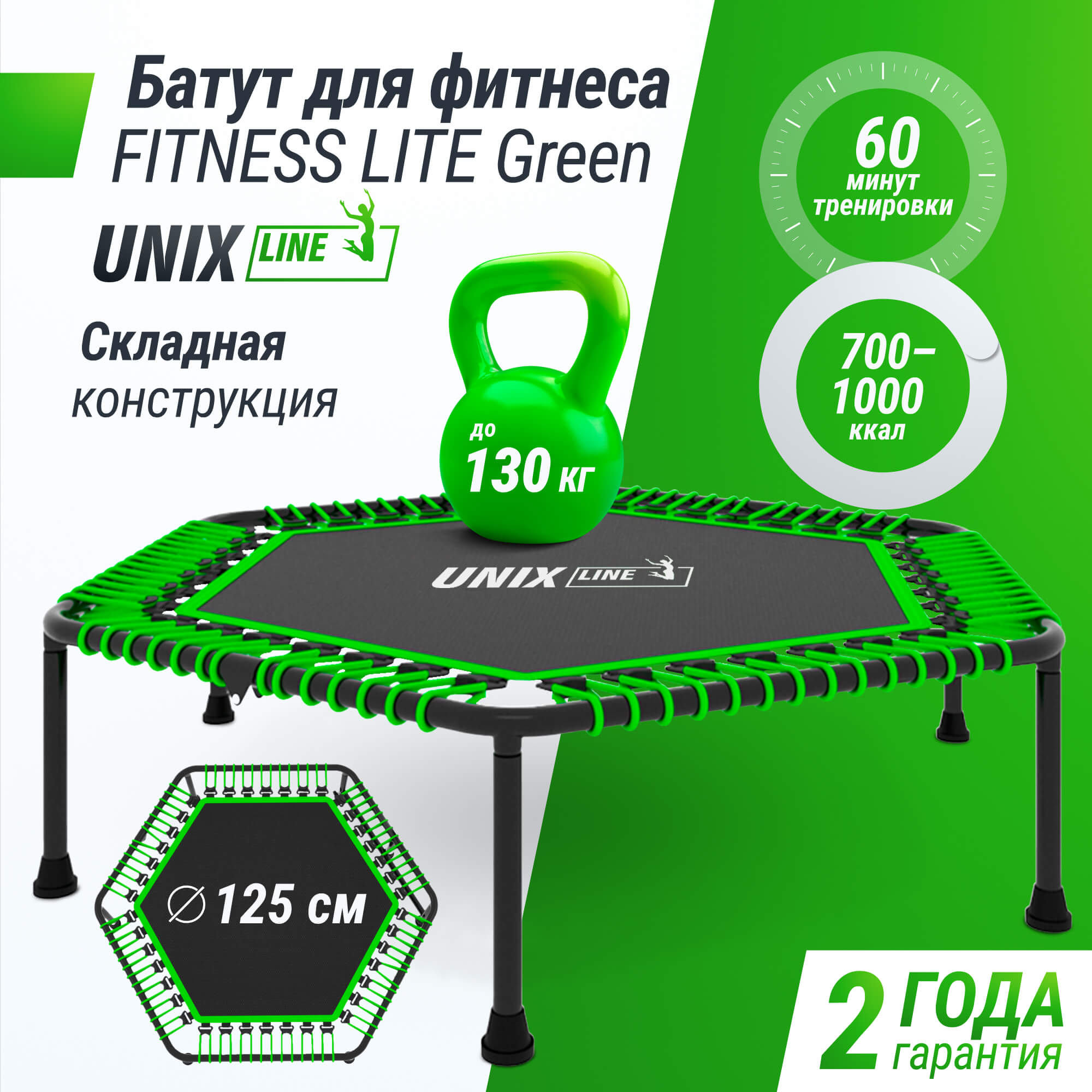 Батут Fitness Lite Green UNIX line спортивный складной диаметр 125 см до 130 кг фитнес джампинг - фото 1