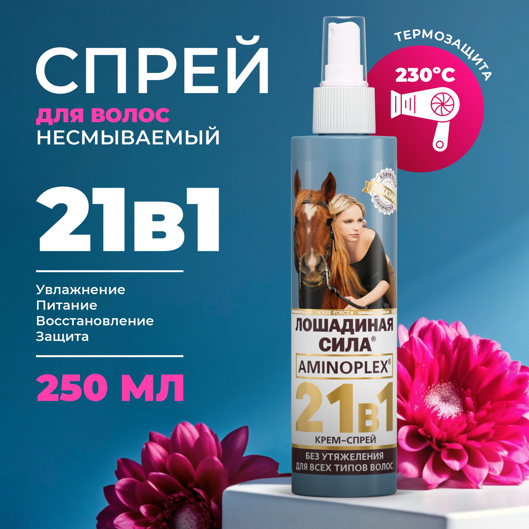 Крем-спрей 21в1 для волос Лошадиная сила с термозащитой для укладки несмываемый 250мл - фото 1