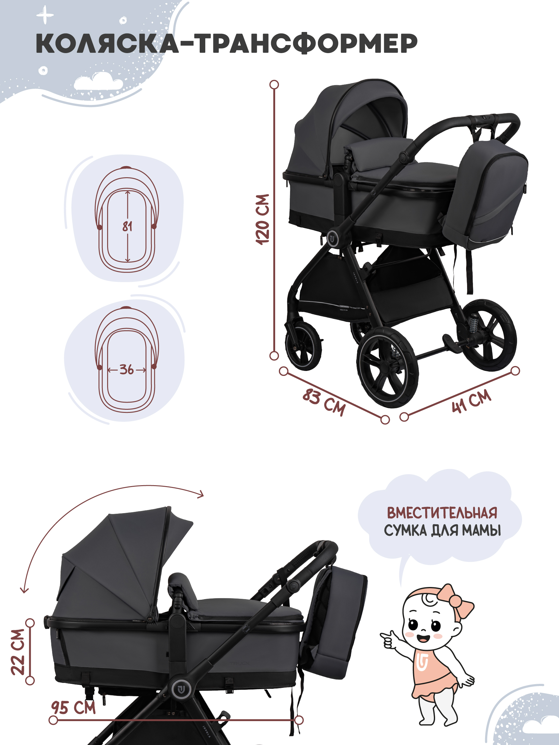 Коляска трансформер JOVOLA Truck перекидная ручка серый - фото 3