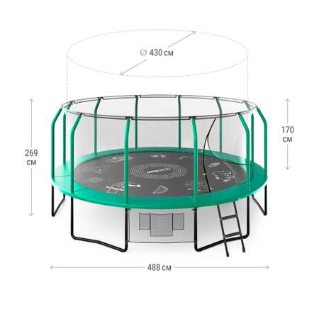 Батут каркасный Supreme Game UNIX line 16 ft Green общий диаметр 488 см до 170 кг диаметр прыжковой зоны 430 см