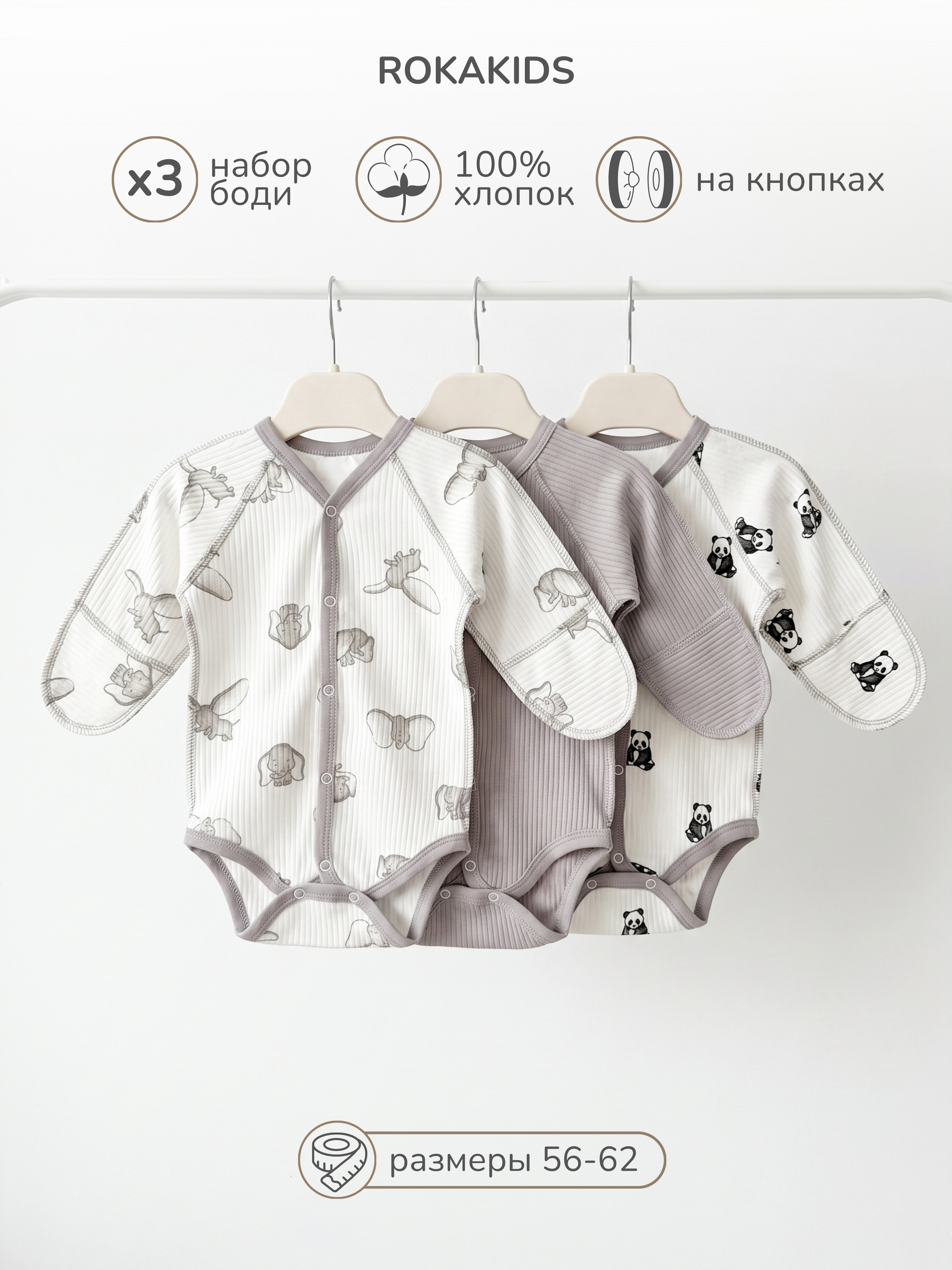 Боди 3 шт ROKAKIDS 3_КБЦКИрП_Слоники_Панды_Серый - фото 2