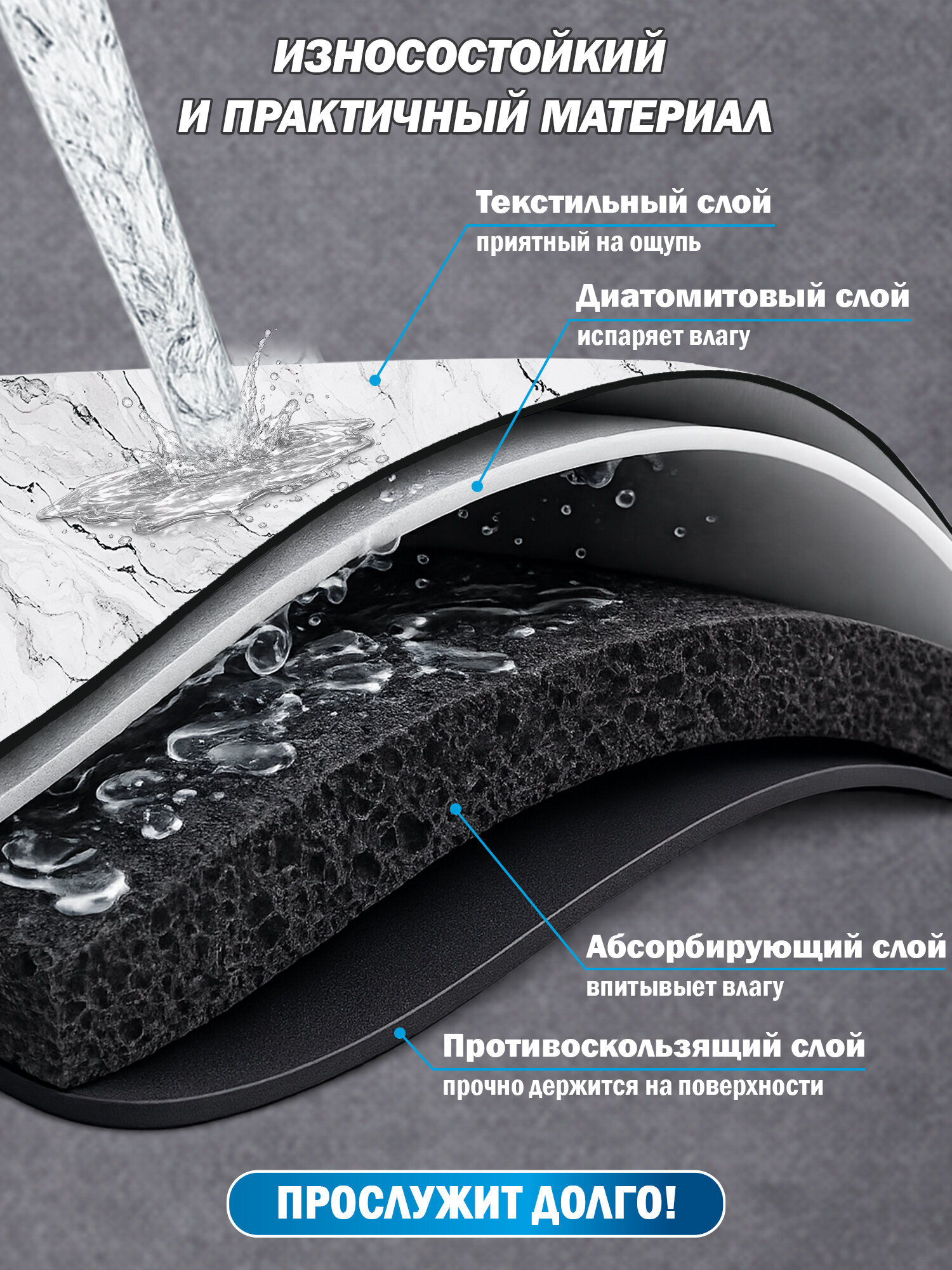 Коврик для сушки посуды BoomHouse нано впитывающий кухонный 30х40 см диатомитовый нескользящий - фото 3