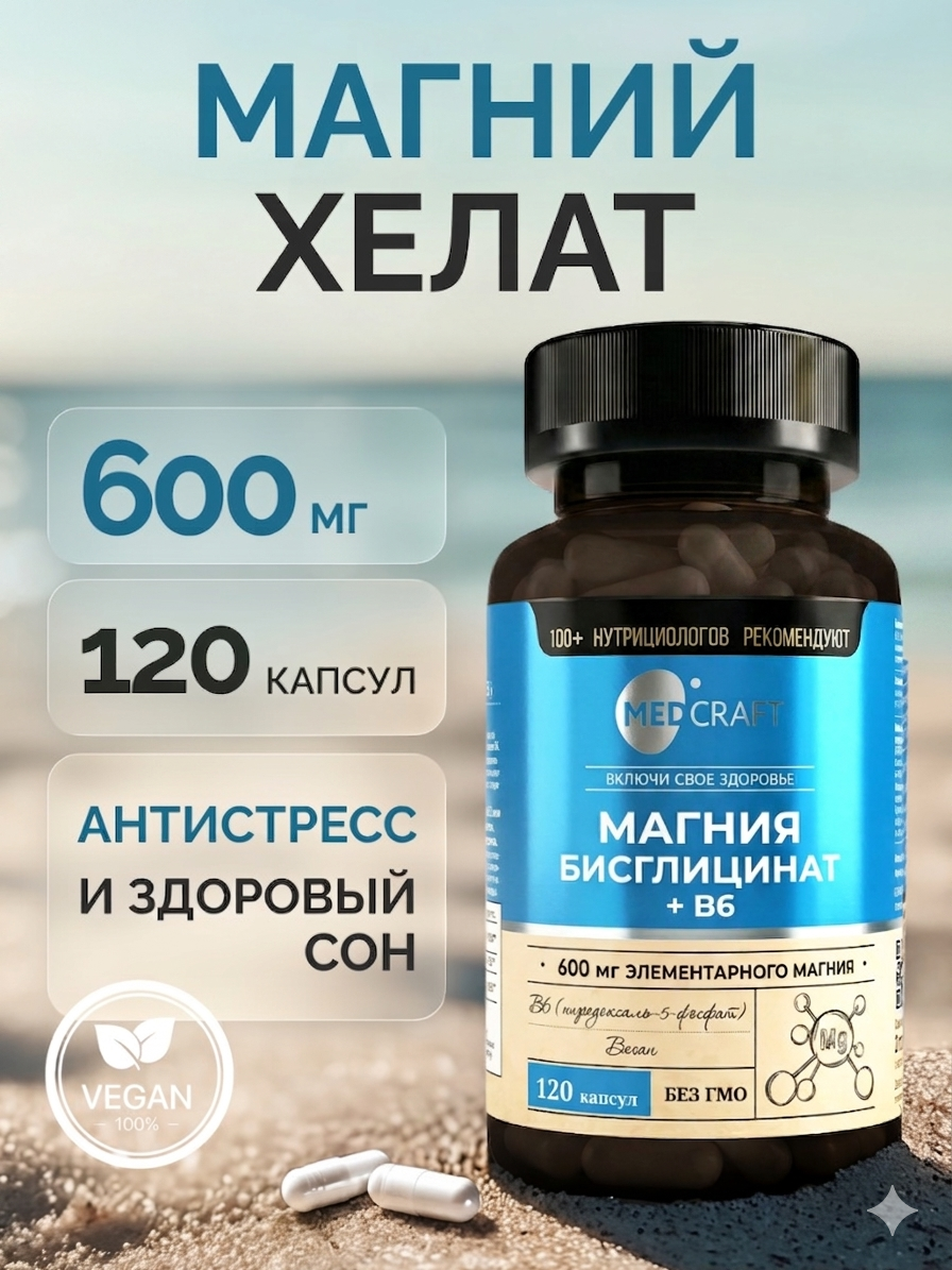 Магния бисглицинат 600 мг MedCraft с витамином B6 120 капсул - фото 1