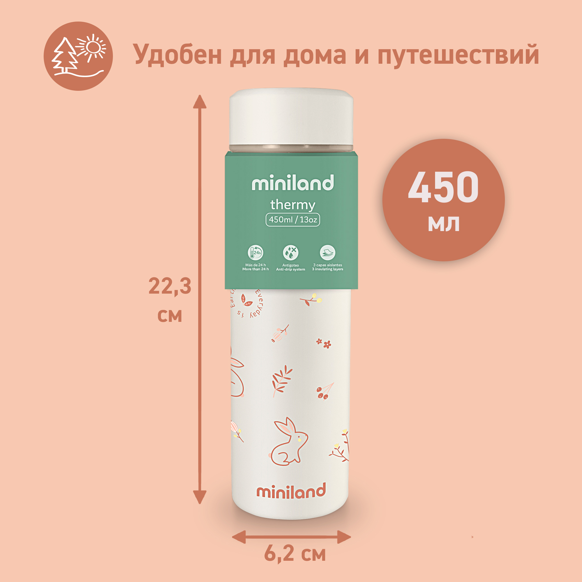 Термос Miniland для еды и жидкостей Natur Thermos Bunny зайчик 450 мл - фото 5