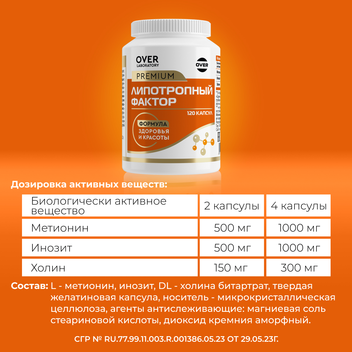 Липотропный фактор OVER БАД Жиросжигатель витамины для похудения и контроля веса 120 капсул - фото 4