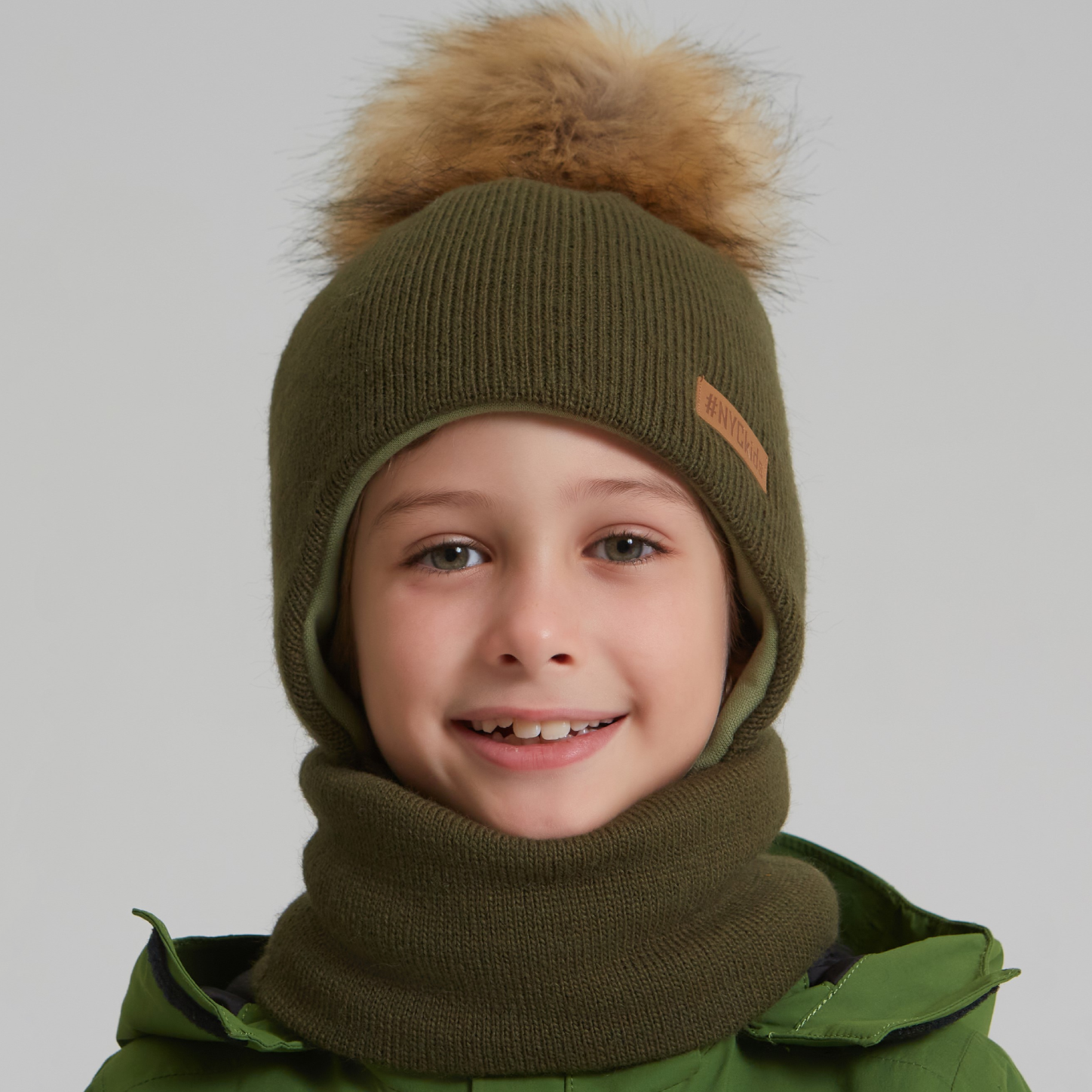 Шапка и снуд KUBRIO KU-H-111-FurPomPlain-olive - фото 4