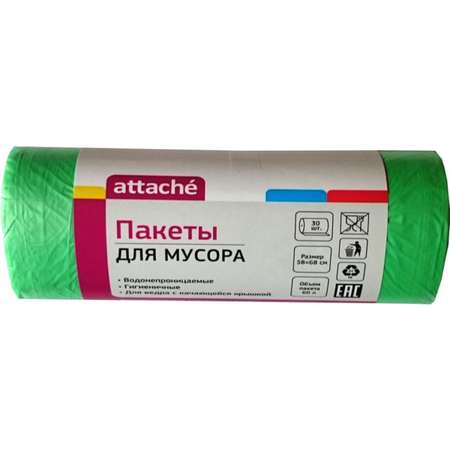 Мешки для мусора Attache ПНД 60л 10мкм зеленые 58x66см 3 руллона по 30 шт