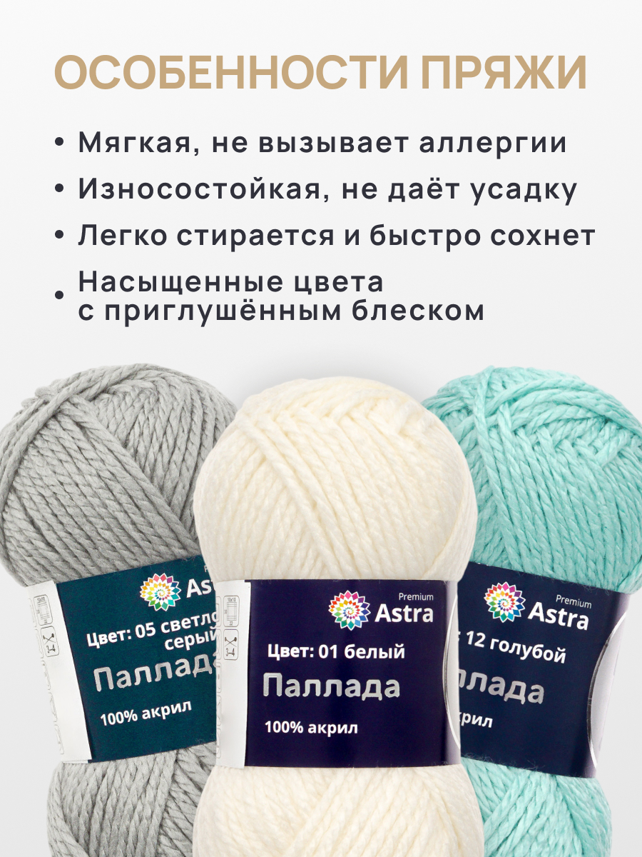 Пряжа Astra Premium Паллада акриловая 100 г 100 м 01 белый 3 мотка - фото 3