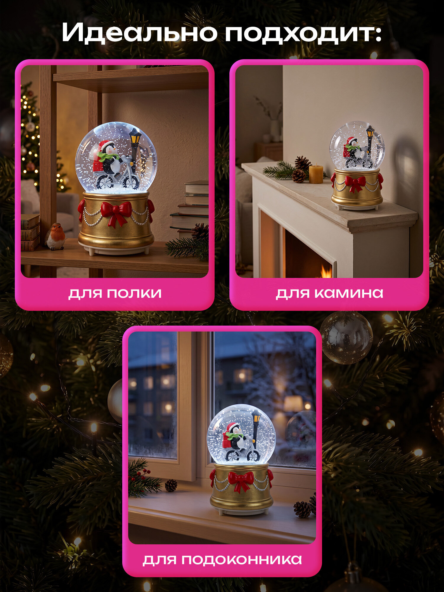 Снежный шар со снегом Золотая сказка стеклянный новогодний Пингвин - фото 4
