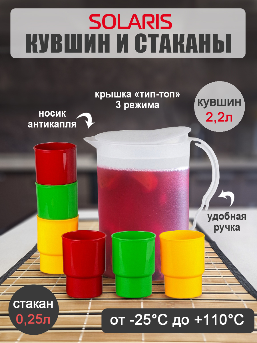 Набор посуды Solaris 6 стаканов 0.25л в кувшине - фото 1