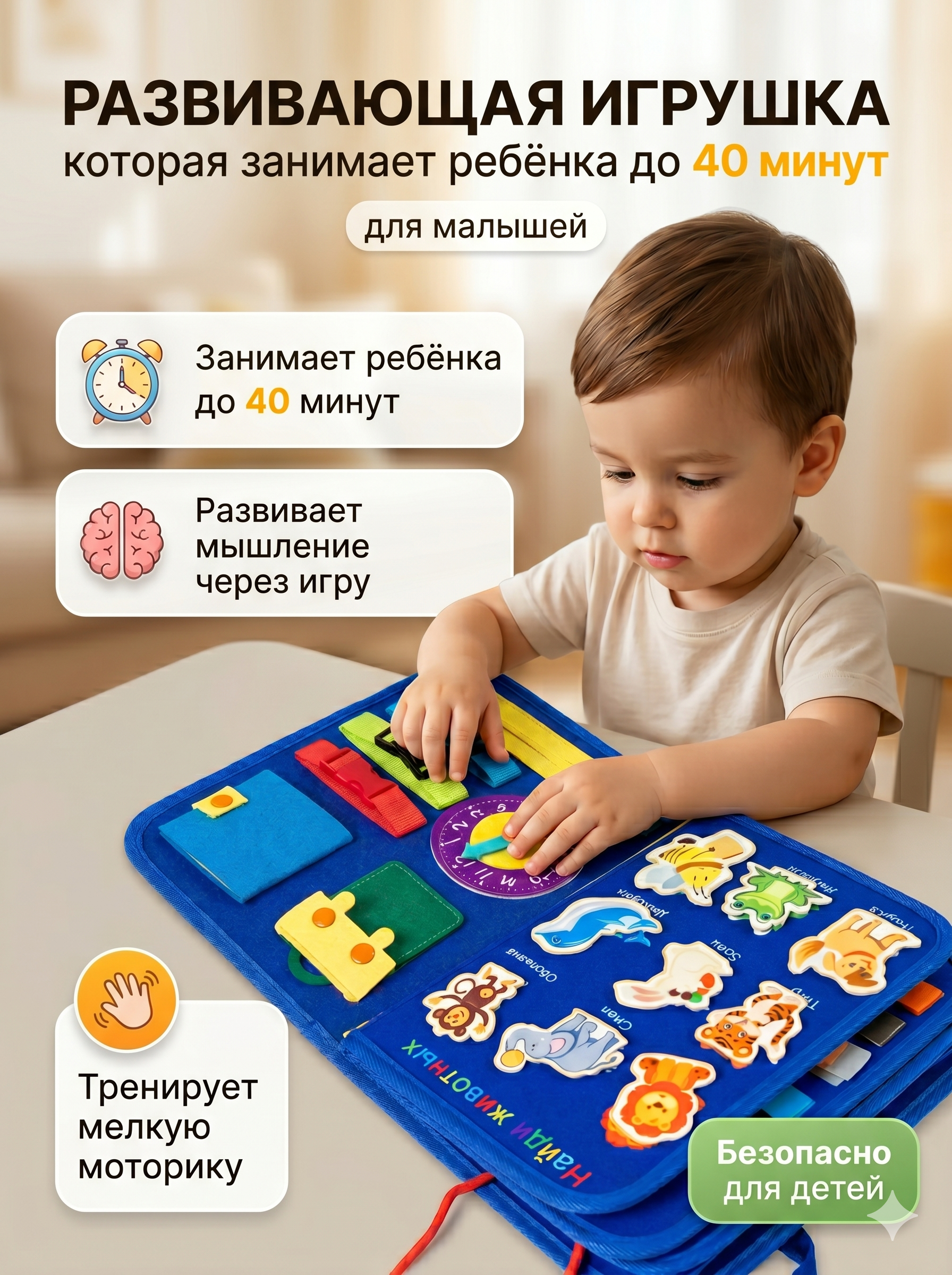 Игрушка DiaDan бизиборд Развивающая книжка синяя - фото 1