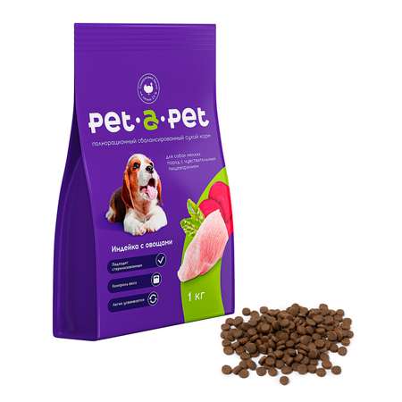 Корм для собак Pet-a-Pet 1кг мелких пород с чувствительным пищеварением с индейкой