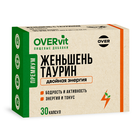 Женьшень Таурин OVER БАД Для энергии иммунитета и настроения 30 капсул
